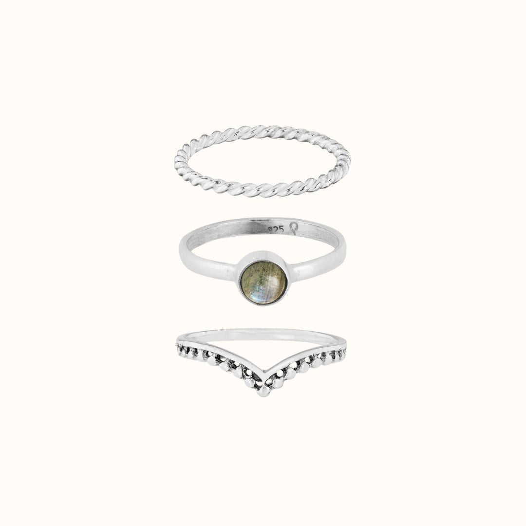 Una Labradorit Ring Silber Set