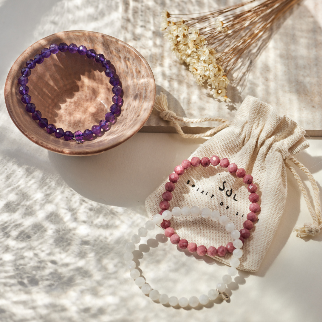 CALM DOWN Set Amethyst, Rhodonit, Mondstein