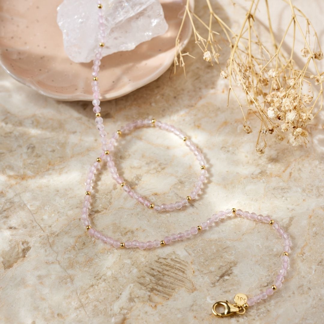 "I am loved" Rosenquarz Kette Golden