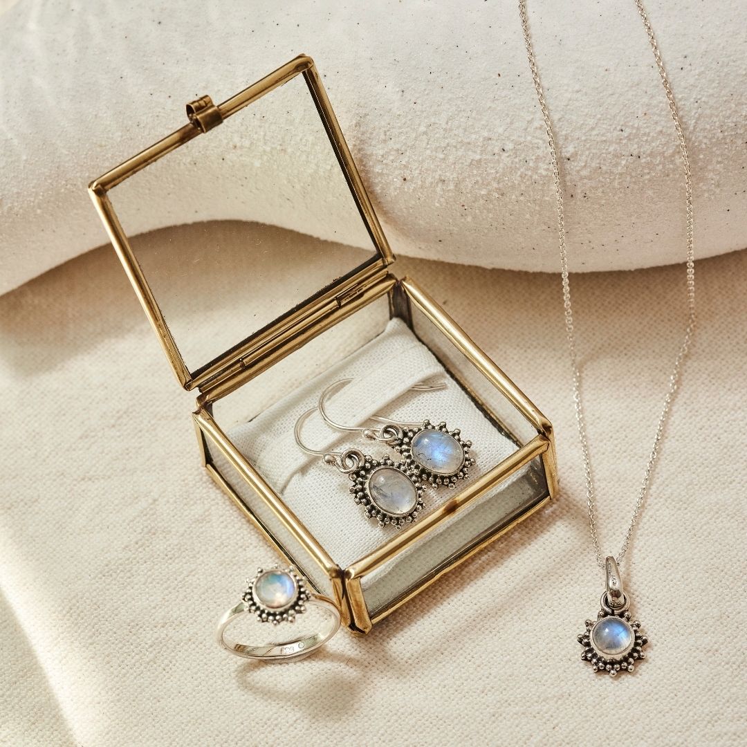 Indische Sonne Mondstein Silber Set
