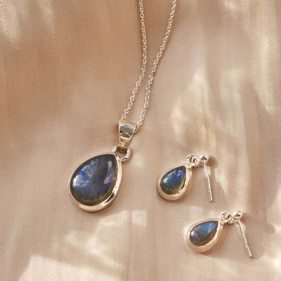 Labradorit Tropfen Silber Set